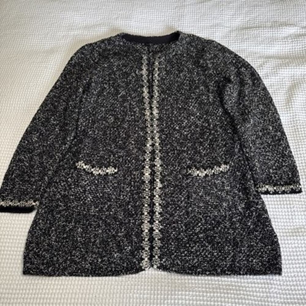 Talbots Knit Cardigan Black White Hook Front XL Classic Capsule Wool Blend EUC